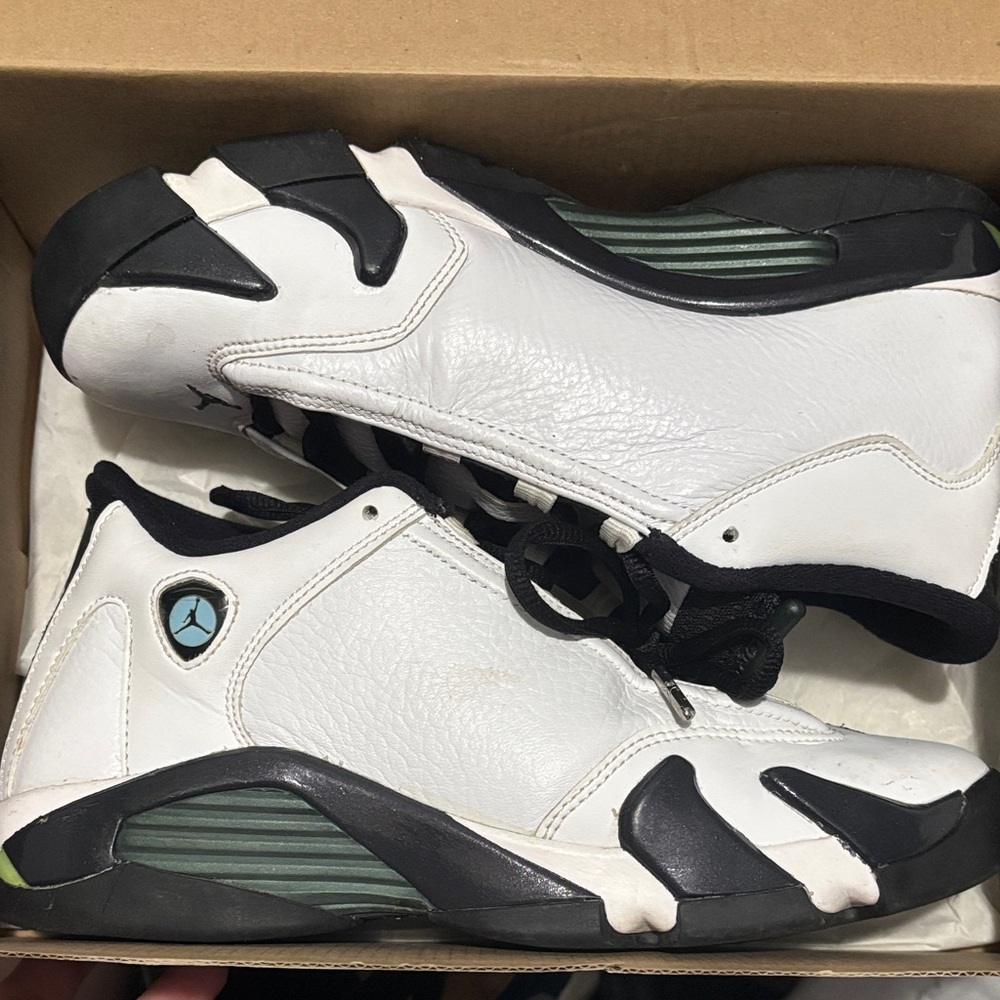 Jordan 14 Kids White and Black Sneakers with Green Accents